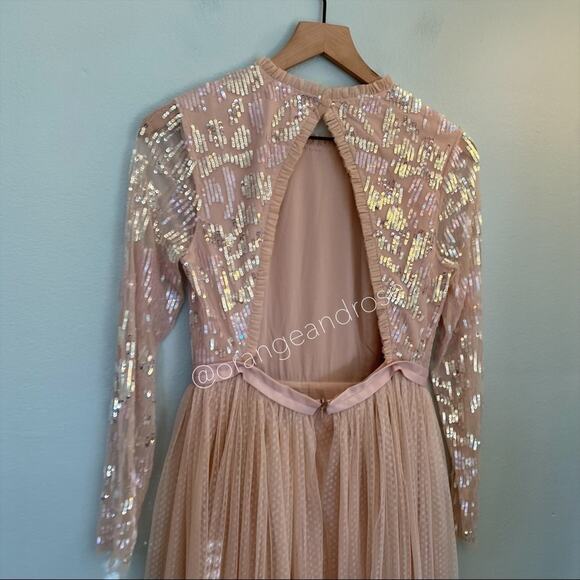 Needle & Thread Blush Pink Sequin Long Sleeve mesh Open Back Tulle Maxi Gown 6 - Picture 13 of 16